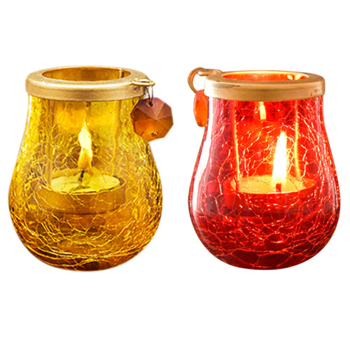 Mango Homes Crackle Glass Tea Light Holder (Red & Yellow)