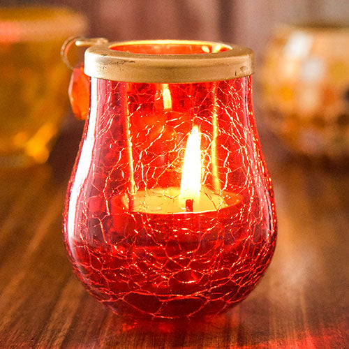 Mango Homes Crackle Glass Tea Light Holder (Red & Yellow)