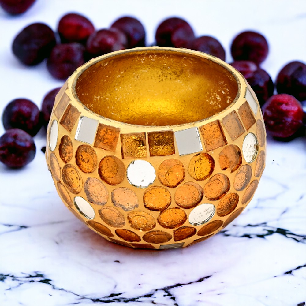 Mango Homes Mosiac glass Tea Light Holder (GOLDEN) ,Votive Tea Light Candle Holder For Home Decor