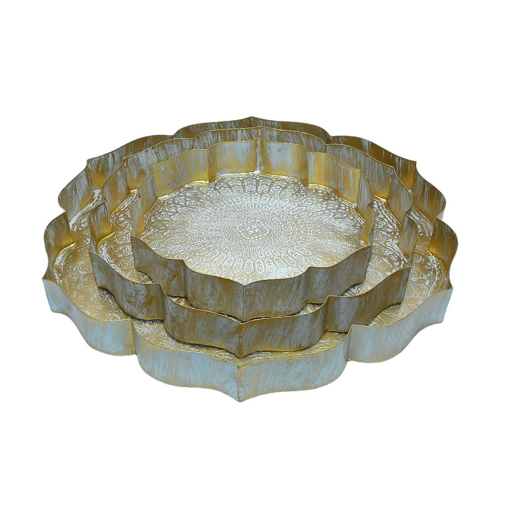 Mango Homes Lotus Urli White Trays Adorned with Intricate Gold Carving Design- Set of 3