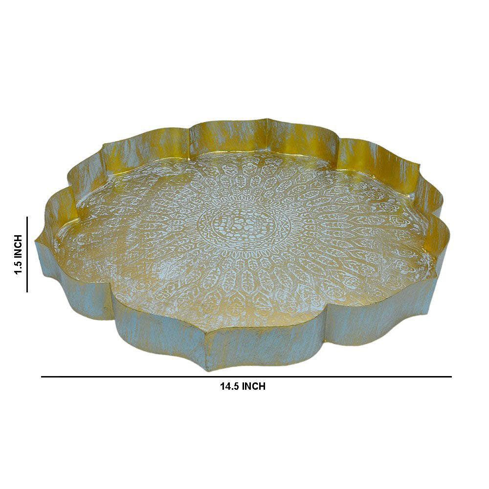 Mango Homes Lotus Urli White Trays Adorned with Intricate Gold Carving Design- Set of 3