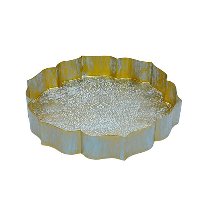 Mango Homes Lotus Urli White Trays Adorned with Intricate Gold Carving Design- Set of 3