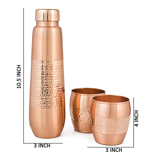 Pure Copper Water Bottle With 2 Tumblers|Lacquer Hammered Design