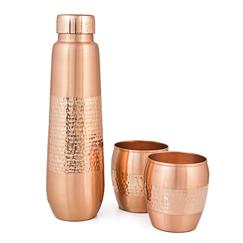 Pure Copper Water Bottle With 2 Tumblers|Lacquer Hammered Design