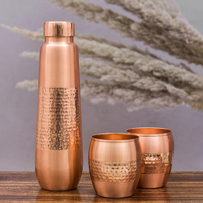 Pure Copper Water Bottle With 2 Tumblers|Lacquer Hammered Design