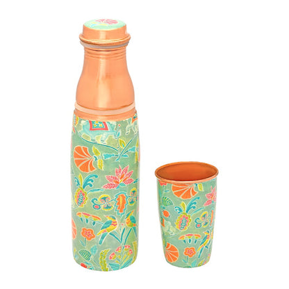 Mughal Printed Pure Copper Water Bottle With Tumbler