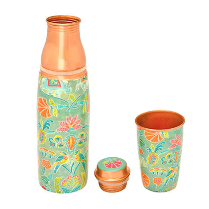 Mughal Printed Pure Copper Water Bottle With Tumbler