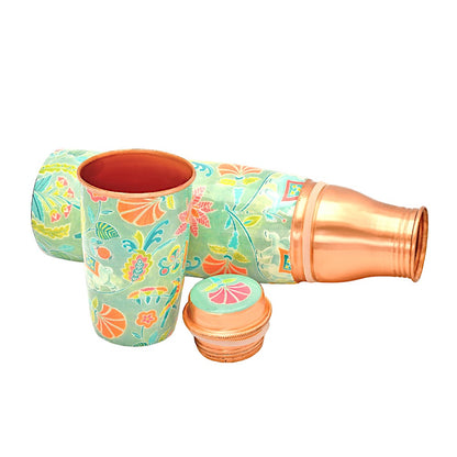 Mughal Printed Pure Copper Water Bottle With Tumbler