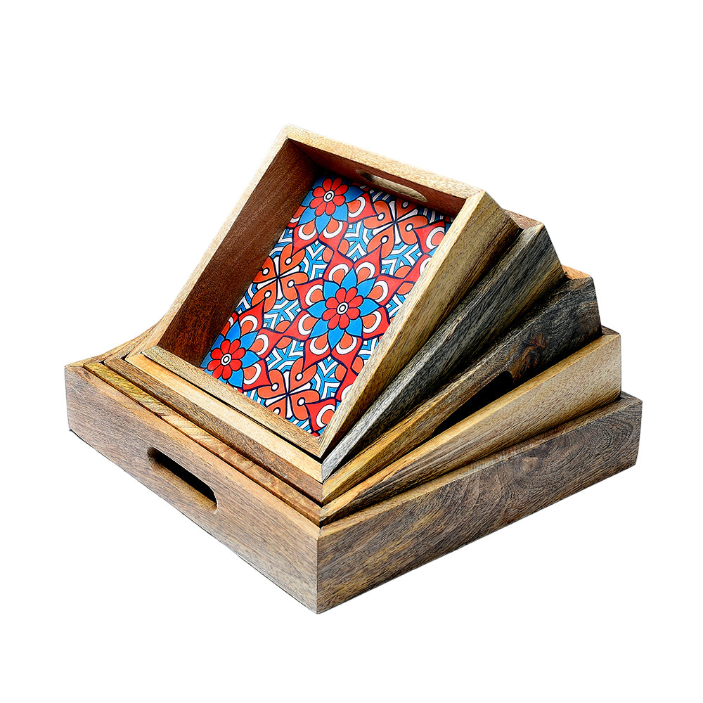 Mango Homes Mango Wood Square Tray Set of 5 PCS(Blue) Tea Tray