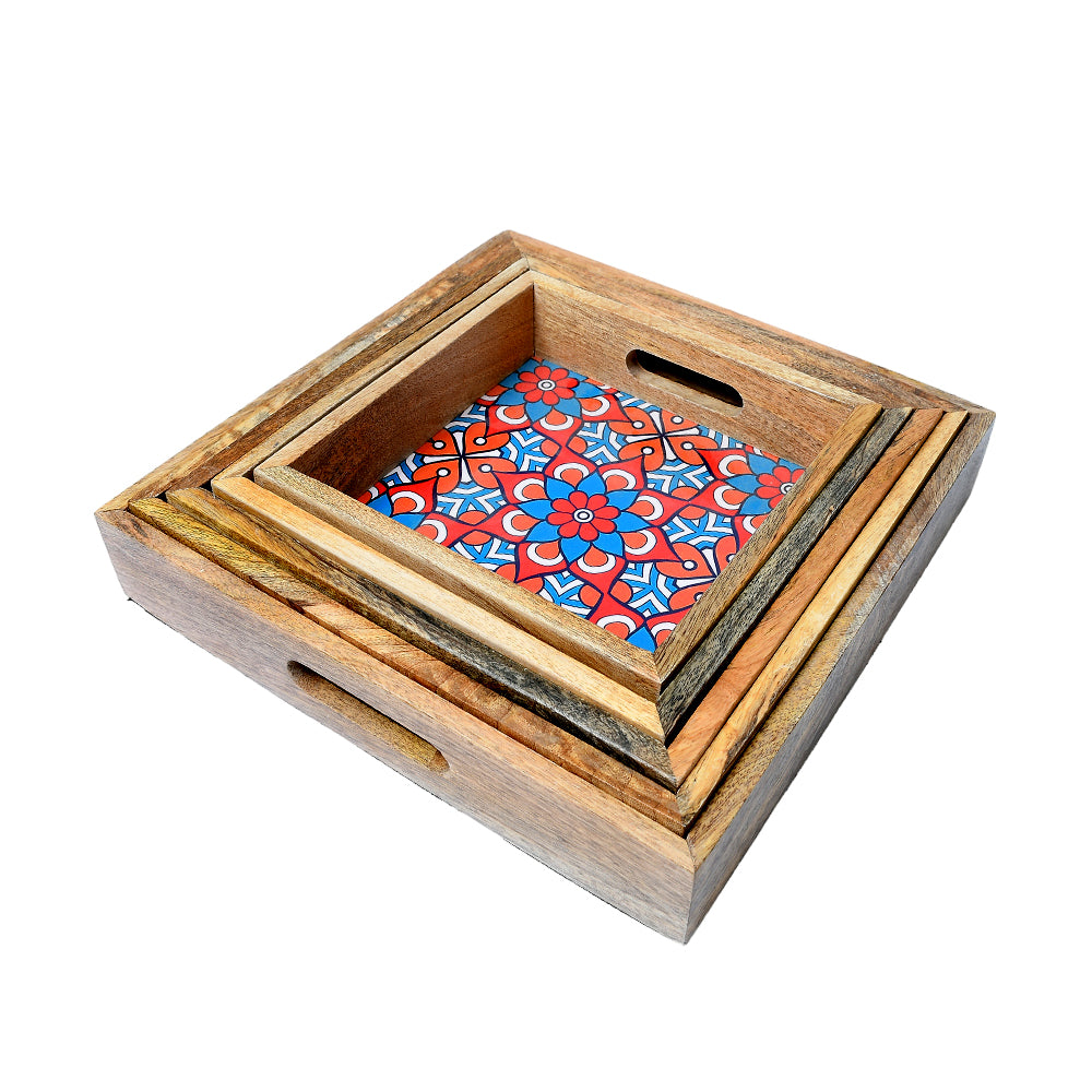 Mango Homes Mango Wood Square Tray Set of 5 PCS(Blue) Tea Tray