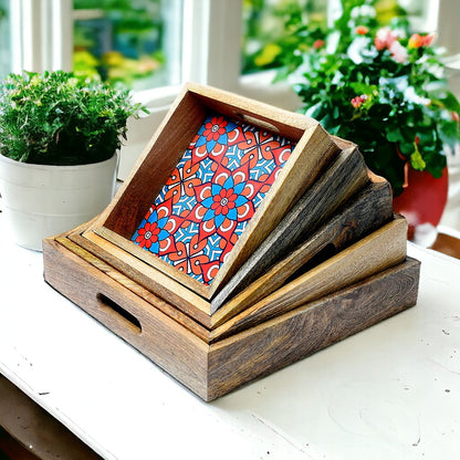 Mango Homes Mango Wood Square Tray Set of 5 PCS(Blue) Tea Tray