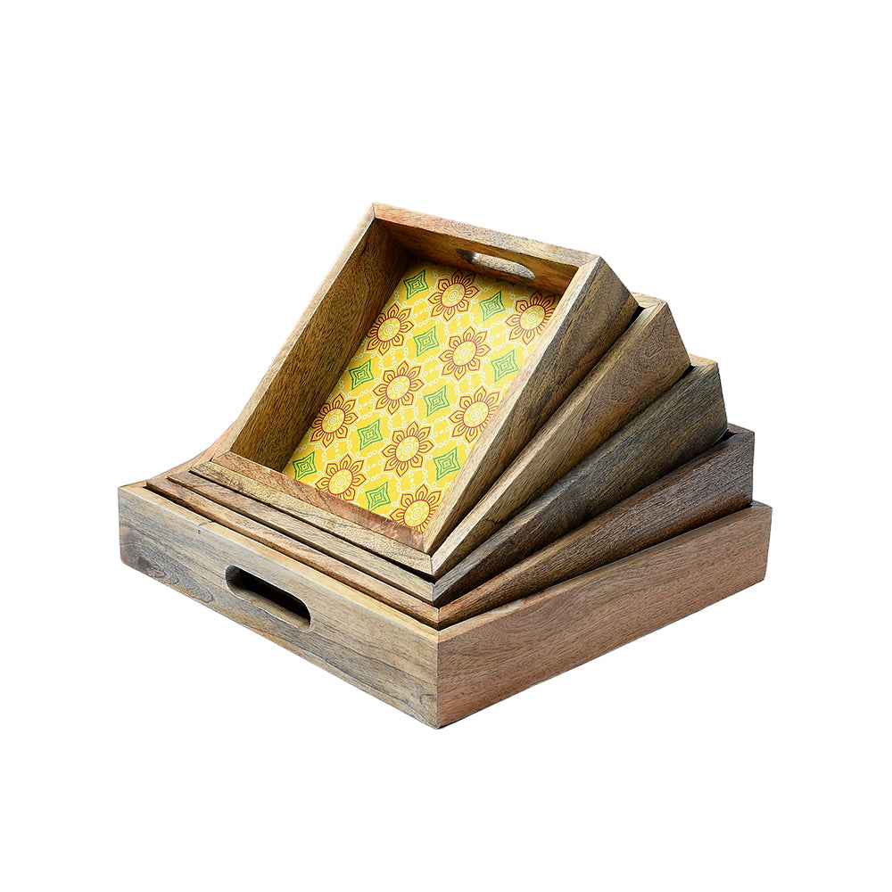 Mango Homes Mango Wood Square Tray Set of 5 PCS(Yellow) Tea Tray