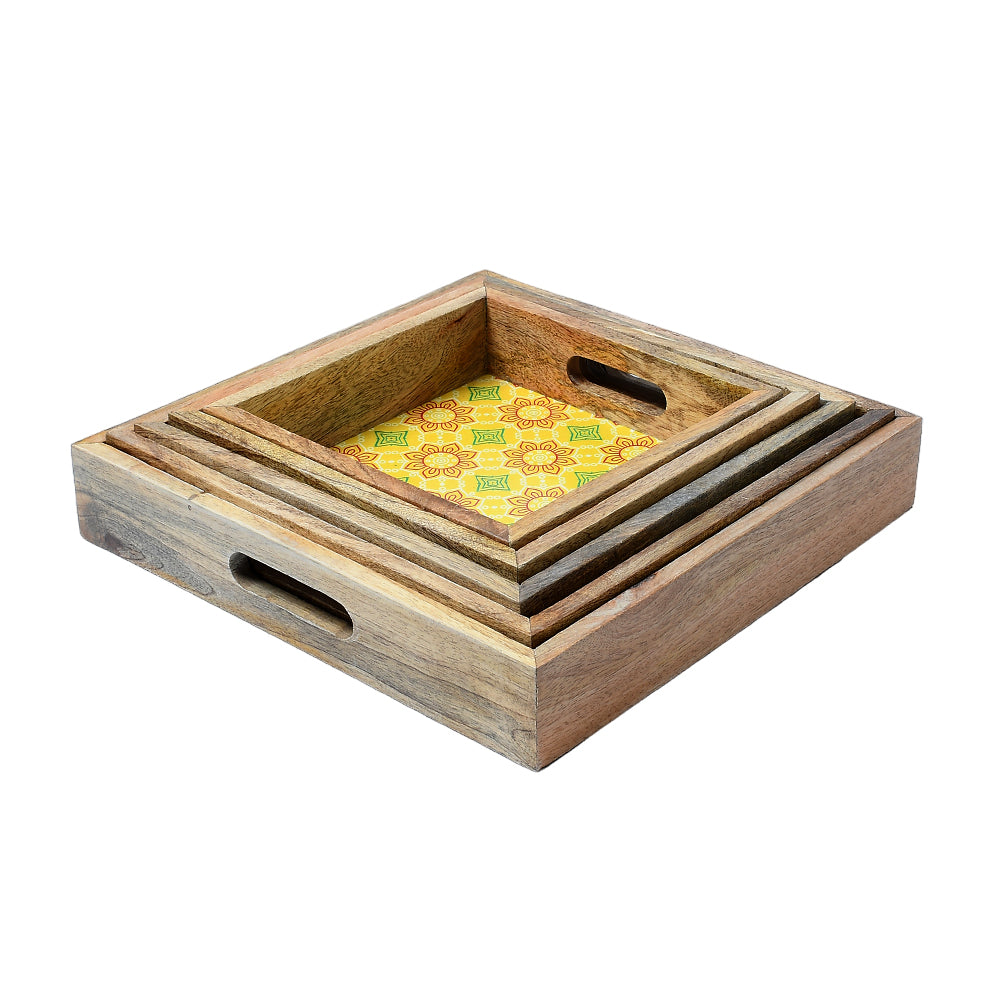 Mango Homes Mango Wood Square Tray Set of 5 PCS(Yellow) Tea Tray