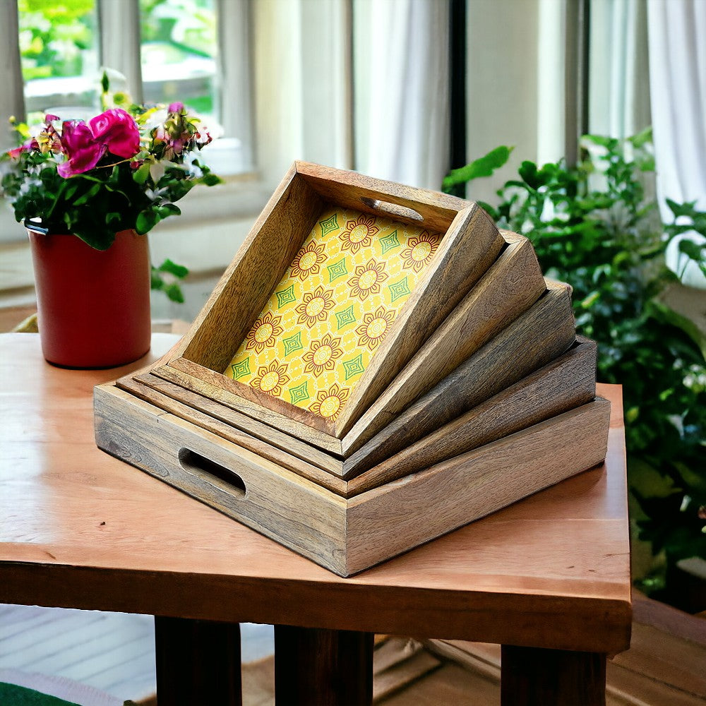 Mango Homes Mango Wood Square Tray Set of 5 PCS(Yellow) Tea Tray