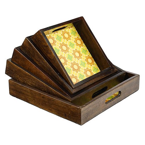 Mango Homes Mango Wood BP Square Tray Set of 5 PCS(Yellow)Tea Tray