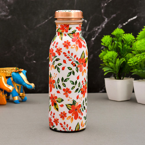 Pure Copper Water Bottle 500 ml ( White Floral Printed )