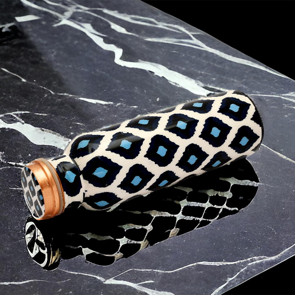 Pure Copper  Water Bottle 750 ml (Blue Block Leaf Printed)