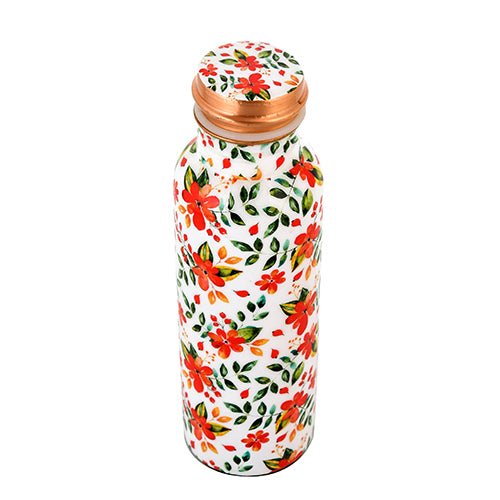 Pure Copper  Water Bottle 750 ml (White Floral Printed)