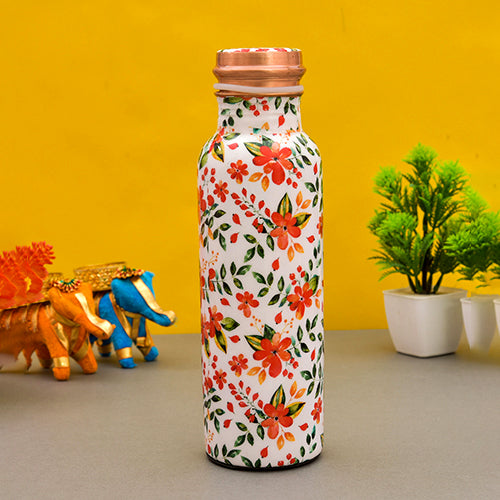 Pure Copper  Water Bottle 750 ml (White Floral Printed)