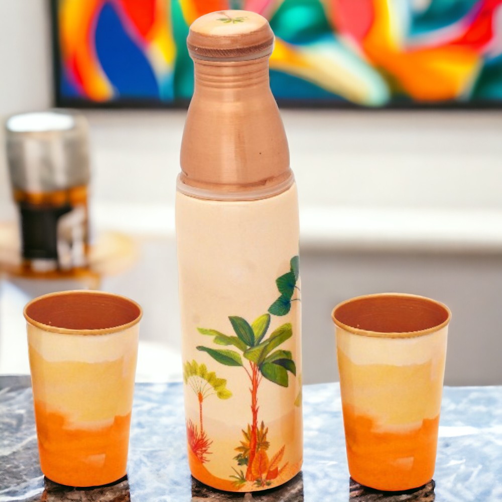 Pure Copper Water Bottle With 2 Tumblers(Beach Printed)