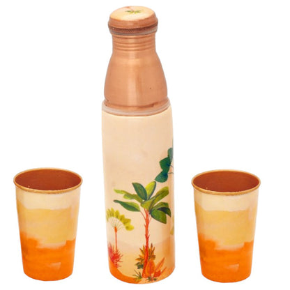 Pure Copper Water Bottle With 2 Tumblers(Beach Printed)